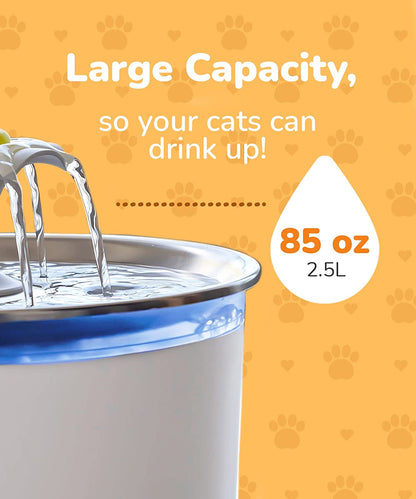 Elevate Your Pet's Hydration with the Premium Stainless Steel Cat Water Fountain - 85Oz Automatic Dispenser with LED Lights & 2 Replacement Filters for Cats and Dogs