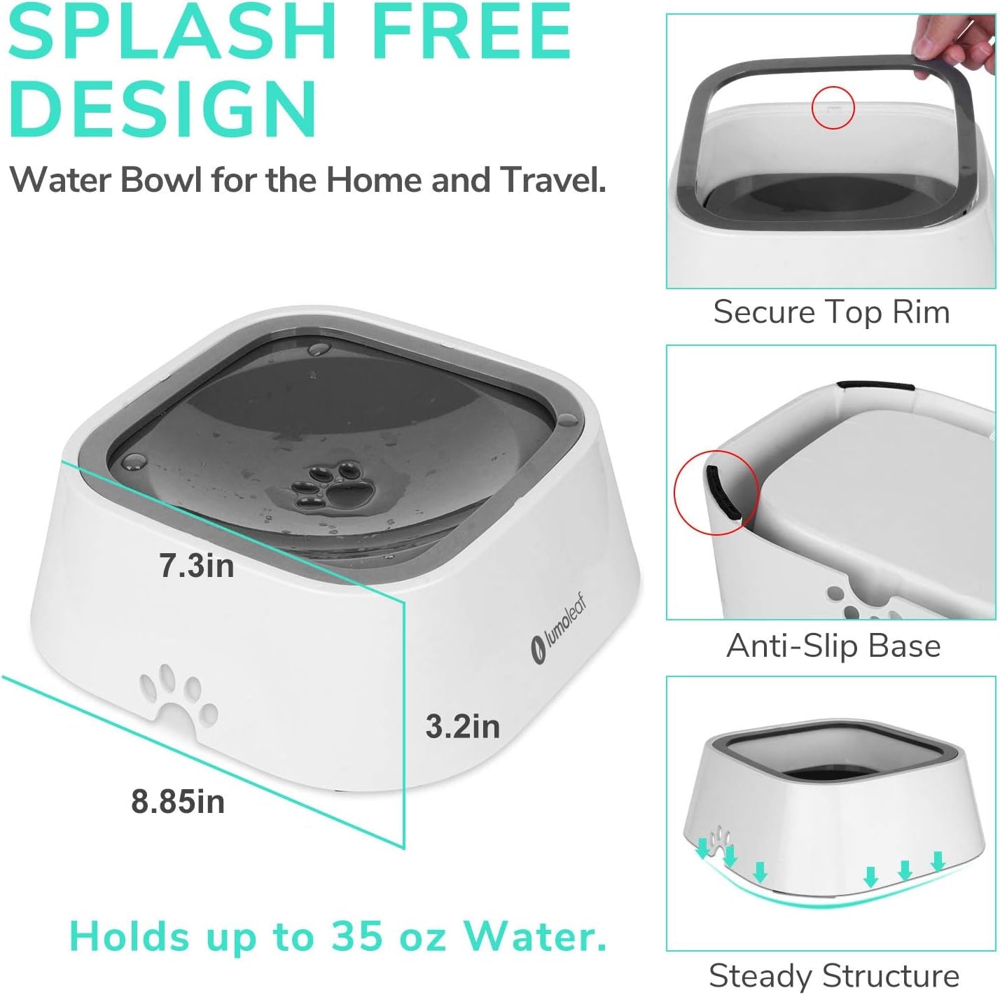 Revolutionary No Spill Water Bowl for Dogs - Slow Feeder Design to Keep Floors Clean and Pets Happy (Grey, 35Oz)